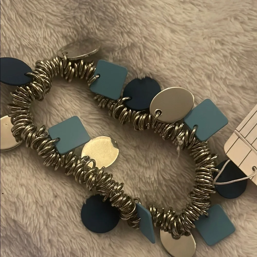 Silver and Blue Charm Bracelet boho contemporary stretchy